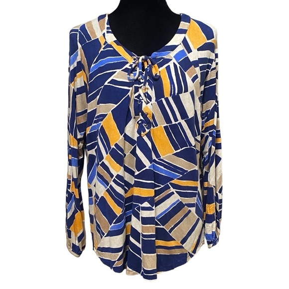 Chico’s Geometric Lace Up Blouse Size Large Blue Orange Abstract Print Top - Picture 4 of 11